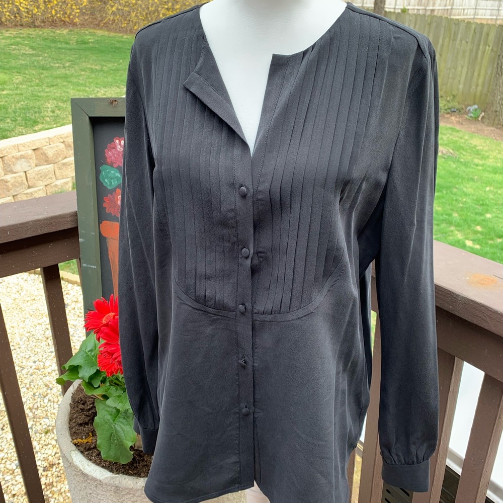 L'AGENCE 100% Silk Black Tuxedo Upper Long Sleeve Top Blouse Size S Small
